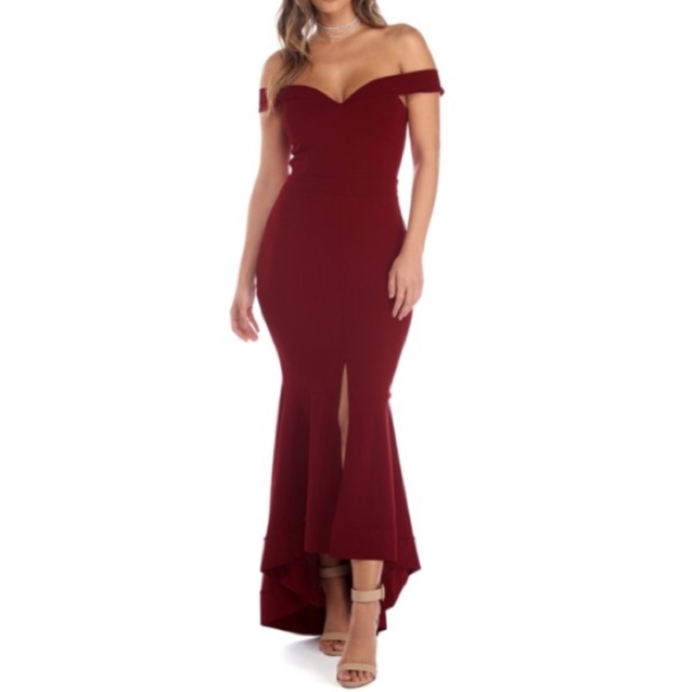 Burgundy off the shoulder crepe dress